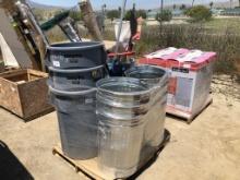 Pallet of Misc Items, Including Metal Trash Cans,