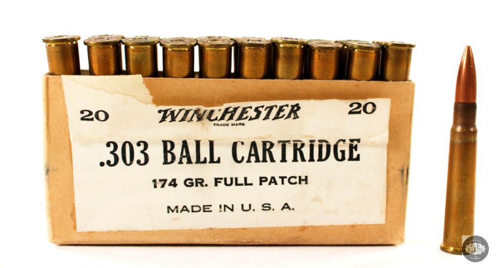 20 Rounds Vintage Winchester .303 British 174gr Full Patch Ball Ammunition