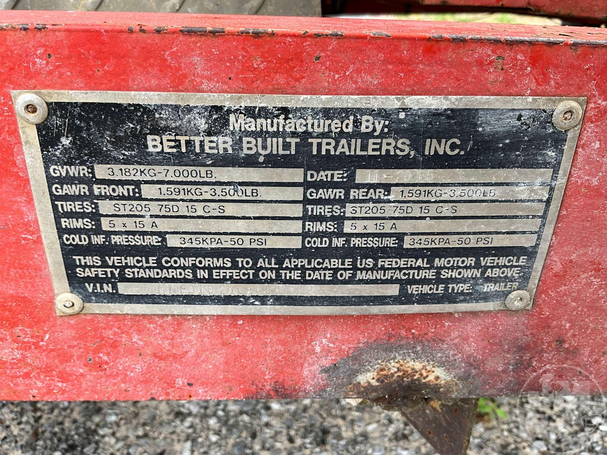 2016 BETTER BUILT TRAILERS, INC UTILITY TRAILER 7'X18' VIN: 4MNFB1821G1000462