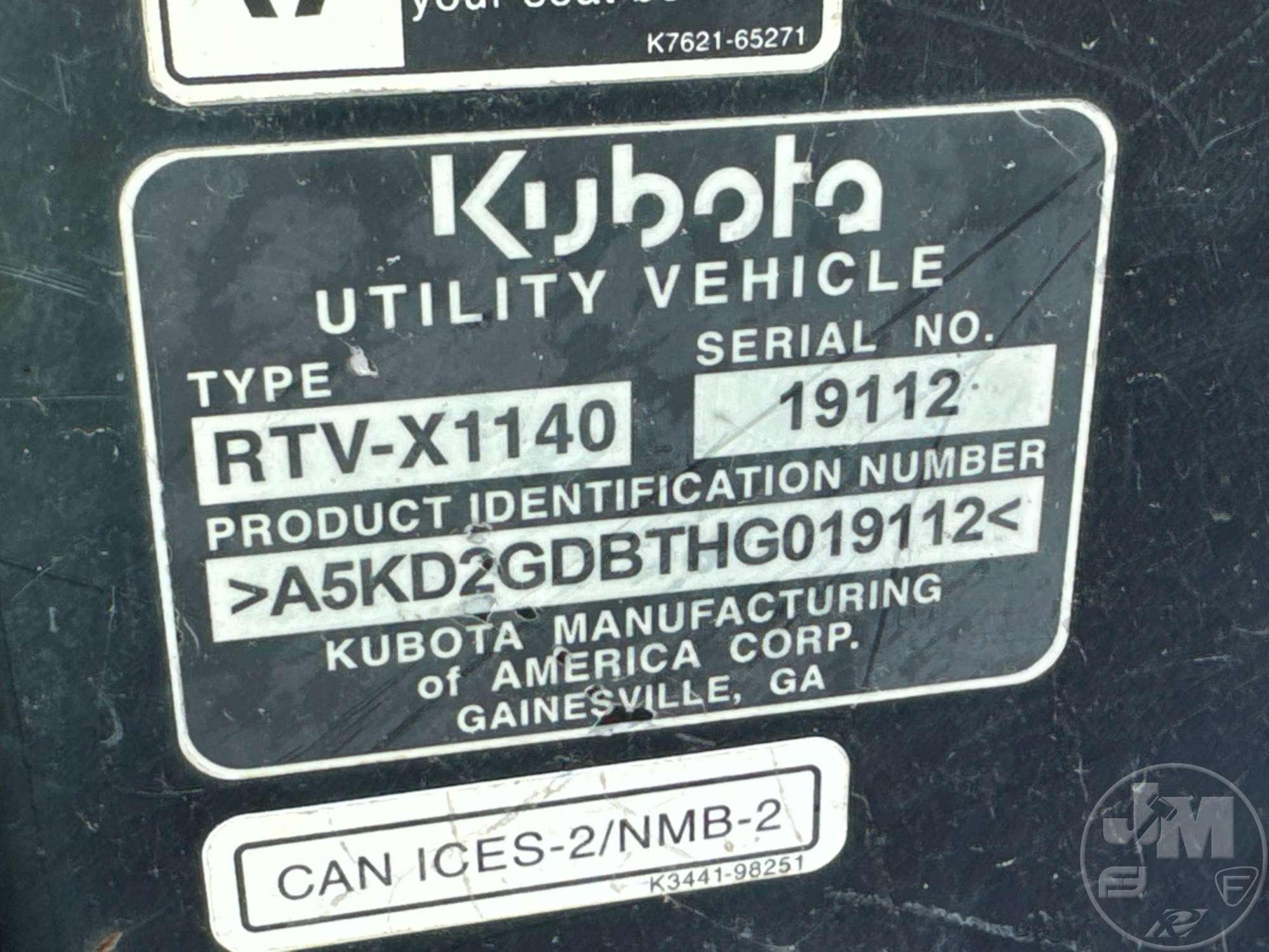 2017 KUBOTA RTV-X1140 SN: A5KD2GDBTHG019112