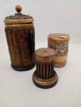 TRIO OF DECOR, GOLDS INCLUDING VERY HEAVY BAMBOO STYLE CANISTER