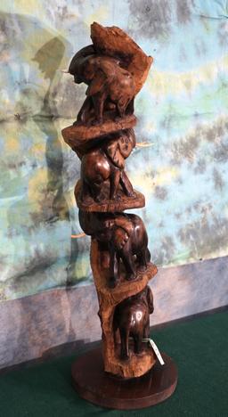 Four African Elephants Carving Fixed on Wood Stand