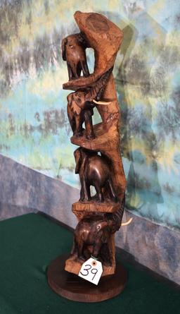 Four African Elephants Carving Fixed on Wood Stand