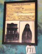 Framed Copy of a Old Historic Wild West Prostitution License