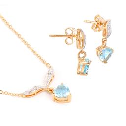 Plated 18KT Yellow Gold 3.10ctw Blue Topaz and Diamond Pendant with Chain and Earrings