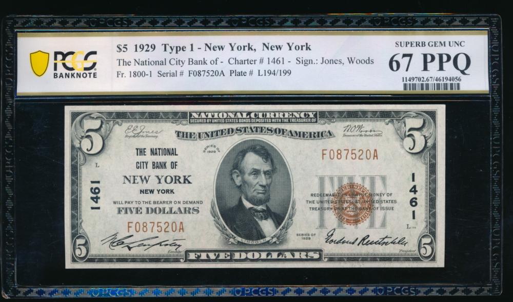 1929 $5 New York NY National PCGS 67PPQ