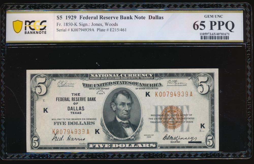1929 $5 Dallas FRBN PCGS 65PPQ