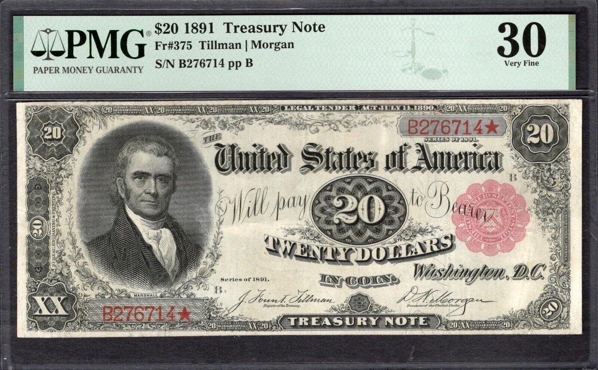 1891 $20 Treasury Note PMG 30