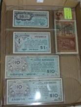 Military Notes and German 5 Reichsmark Note.