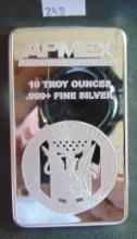 10 Troy Oz. .999 Silver Apmex Fine Silver Bar.