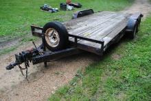 1989 Flatbed trailer, approx. 77"x16', tandem axle with stake pockets, 5-bolt wheels, winch, spare t