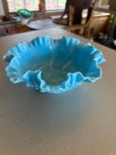 Vintage Fenton blue milk glass crimped dish.......Shipping