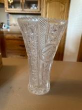 Antique oblong glass bowl, crystal clear pinwheels bud vase.