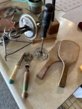 Vintage primitive wooden kitchen ware, egg beater, etc.......Shipping