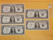 Five crisp One Dollar Silver Certificates