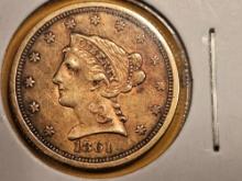 GOLD! KEY VARIETY! 1861/1861 Gold Liberty Head $2.5 Dollars in About Uncirculated