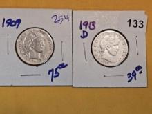 1909 and 1913-D Barber silver Quarters