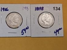 1916 and 1898 Barber Silver Quarters