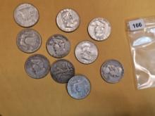 Ten mixed silver half dollars