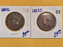 1822 and 1835 Coronet Head Large Cents