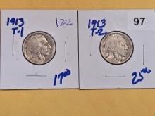 1913 Type 1 and 1913 Type 2 Buffalo Nickels
