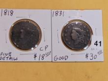 1818 and 1831 Coronet Head Large Cents