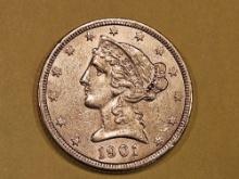 GOLD! Brilliant About Uncirculated 1901 Gold Liberty head Five Dollars