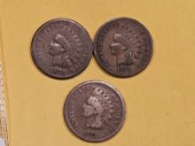 Three Better Date Indian Cents in Good to Very Good