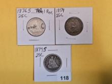Three Seated Liberty Quarters in Very Good to Very Fine