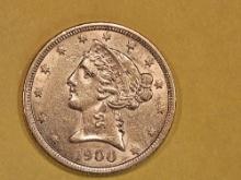 GOLD! Brilliant About Uncirculated 1900 Liberty Head Gold Five Dollars