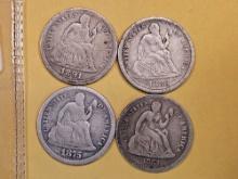 Four Seated Liberty Dimes in Very Good to Very Fine