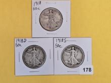 1918 P-D-S Walking Liberty half Dollar Trio