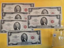 Six Two Dollar Red Seal US Notes