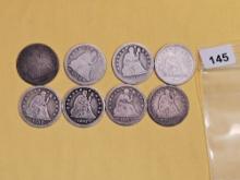 Eight silver Seated Liberty Quarters