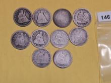 Ten silver Seated Liberty Quarters