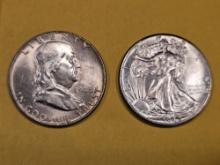 Two Brilliant About Uncirculated plus silver half dollars