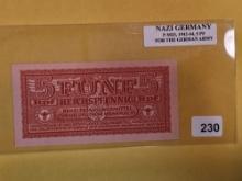 1942-44 Nazi Germany five pfennigs Military Payment Certificate Crisp Uncirculated