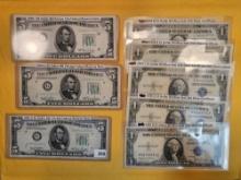 Three $5 FRN's and five $1 Silver Certificates