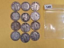 Twelve silver Barber and Standing Liberty Quarters