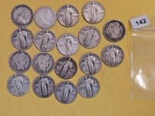 Eighteen silver Barber and Standing Liberty Quarters
