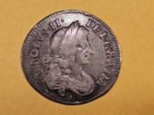 1677 Great Britain silver 3 pence in F+ to Very Fine