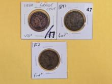 1854, 1847 and 1852 Braided hair Large Cents