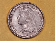 ** KEY DATE ** 1892 Netherlands silver 10 cents in About Uncirculated