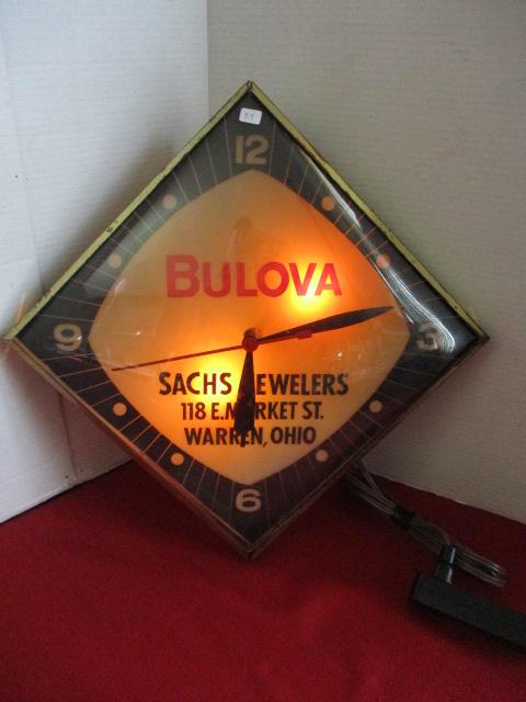 *SPECIAL ITEM-Bulova "Sach's Jewelers" Glass Faced, Metal Can, Lightup, Advertising Clock