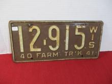 1940's Wisconsin Farm Truck License Plate