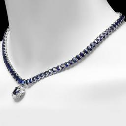 14K White Gold 53.22ct Sapphire and 1.42ct Diamond Necklace