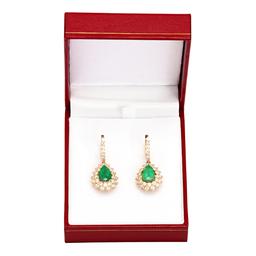 14k Yellow Gold 3.51ct Emerald 3.09ct Diamond Earrings