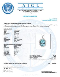 14K Gold 20.72ct Aquamarine 2.16ct Diamond Pendant