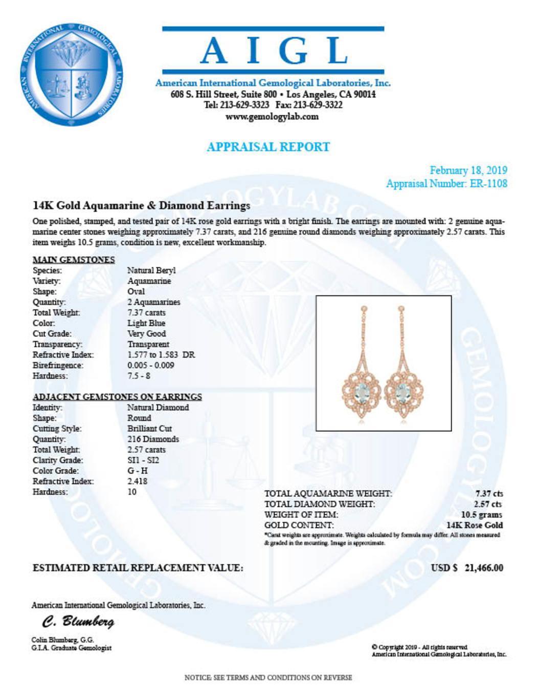 14K Rose Gold 7.37ct Aquamarine and 2.57ct Diamond Earrings