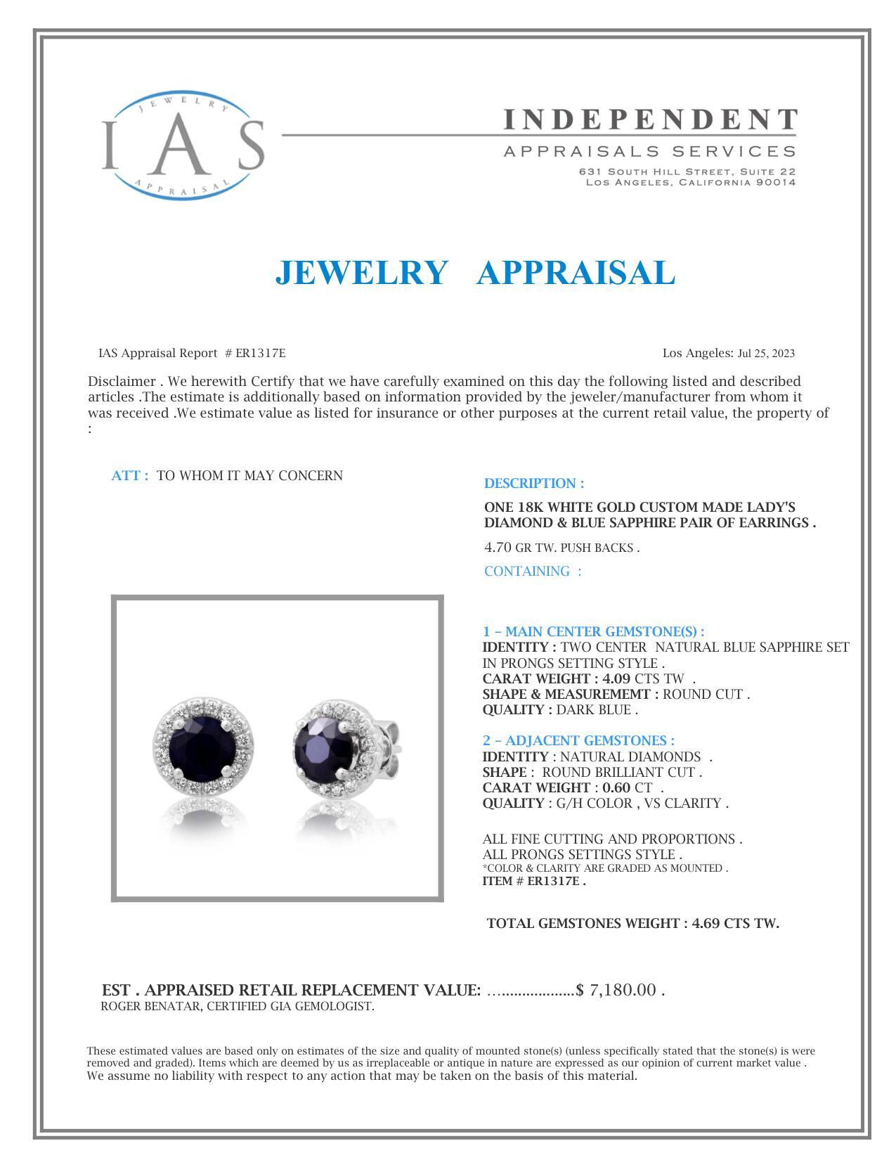 18K White Gold Settings with 4.09ct Sapphire and 0.60ct Diamond Earrings